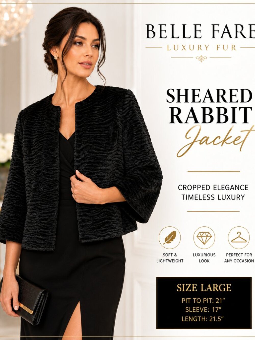 Belle Fare Sheared Rabbit Fur Jacket Women's Large Black 3/4 Sleeve